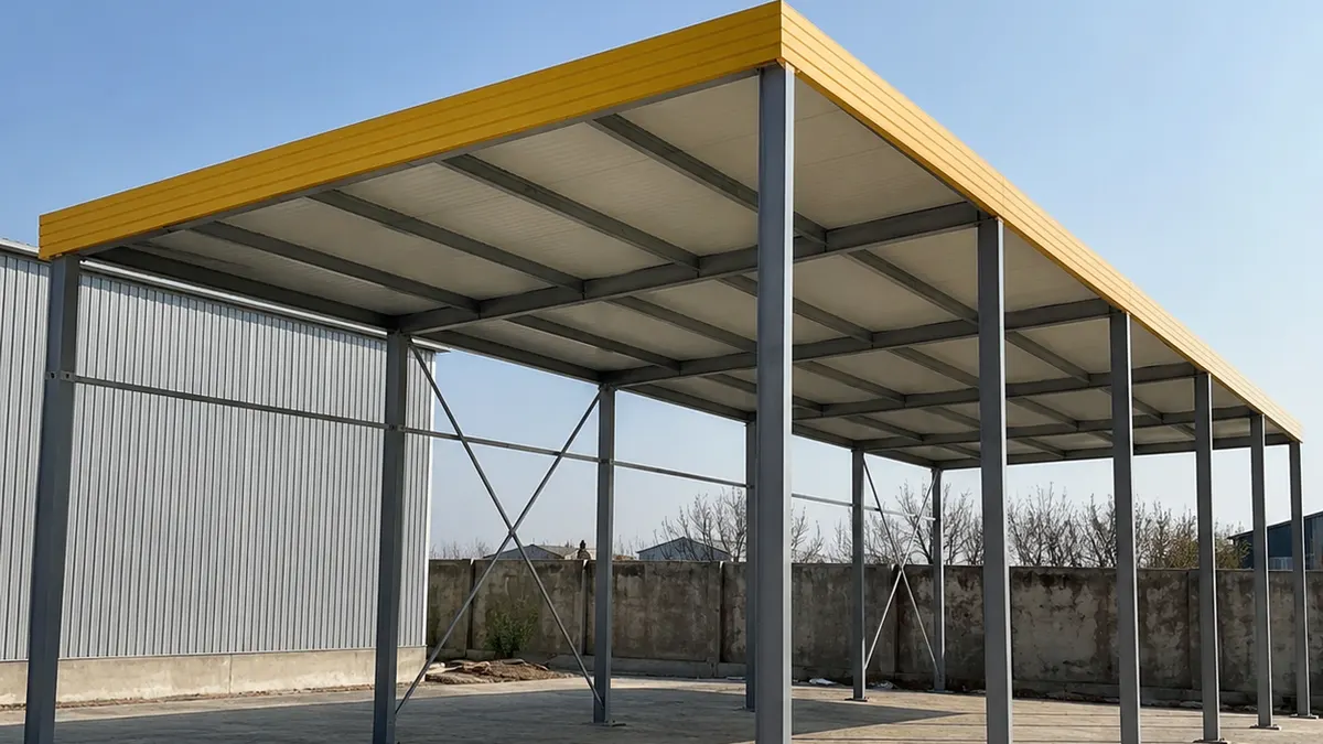 50 mm PUF roof panel, site application Yellow 50 mm PUF roof panel applied at a live site installation