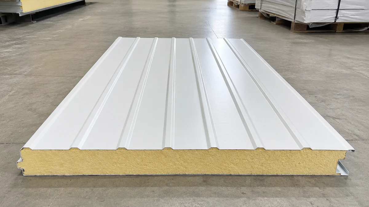 60 mm PUF roof panel, warehouse installation White 60 mm PUF roof panel installed across a large warehouse span