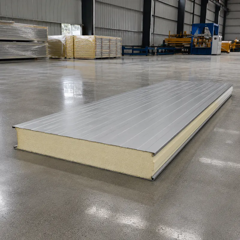 Grey 80 mm PUF sandwich panel on the factory floor display