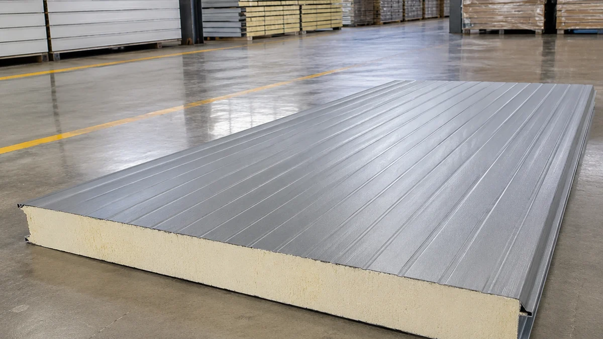 70 mm PUF sandwich panel, industrial floor display Grey 70 mm PUF sandwich panel on an industrial floor display after quality checks