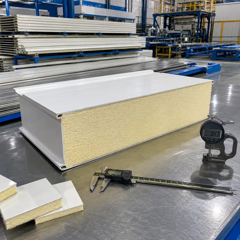 PUF panel specification, 150 mm cut-section QC 150 mm white PUF panel cut-section shown during quality-control inspection