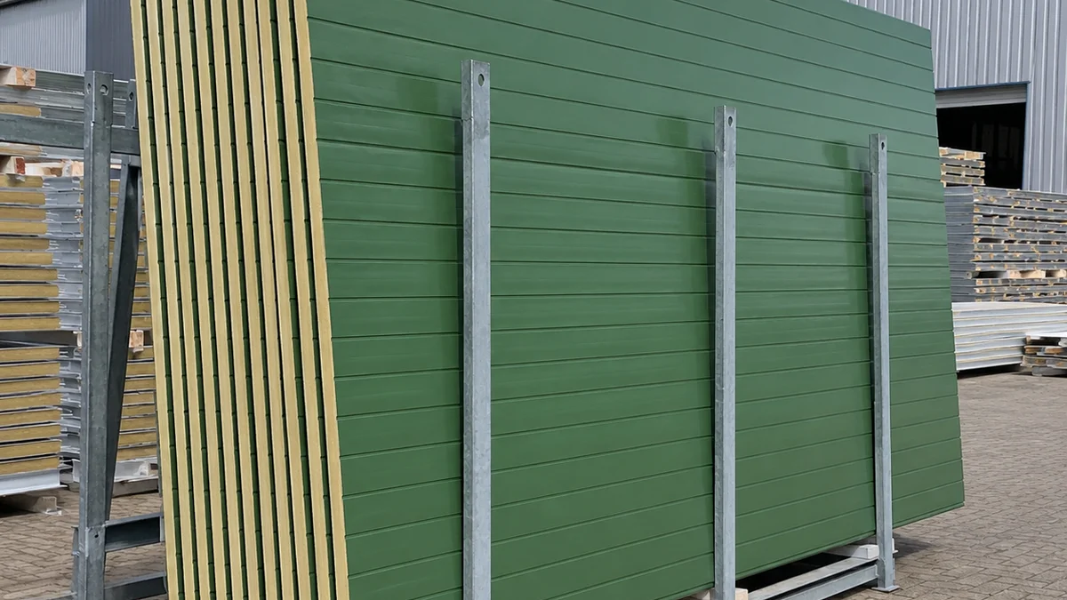 Green 50 mm PUF wall panel in storage yard, panel range also used for ceiling applications