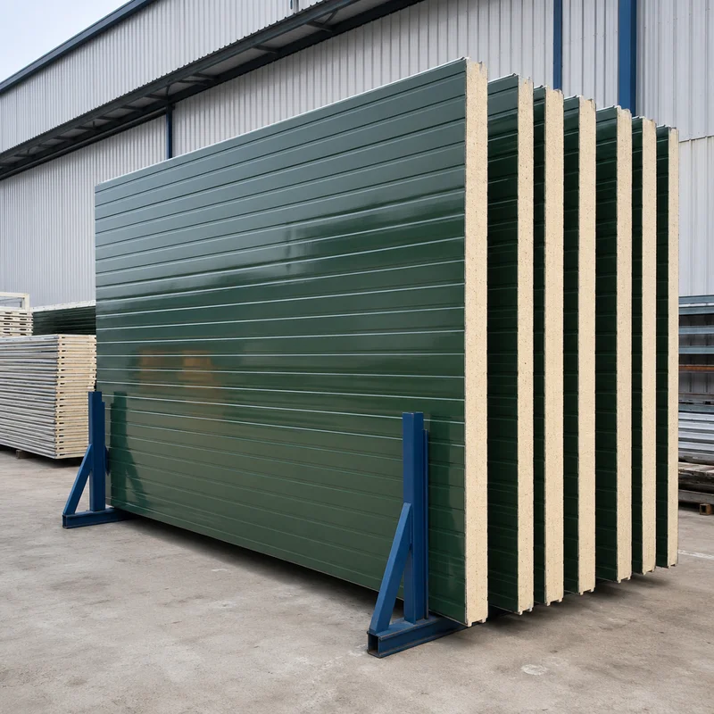 Green 60 mm PUF wall panel stacked in the yard