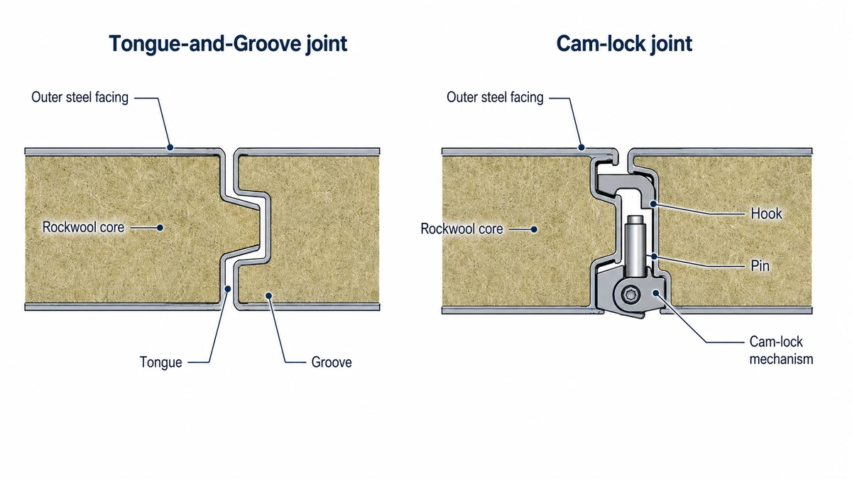 Rockwool panel joint systems diagram Rockwool panel tongue-and-groove and cam-lock joint systems diagram
