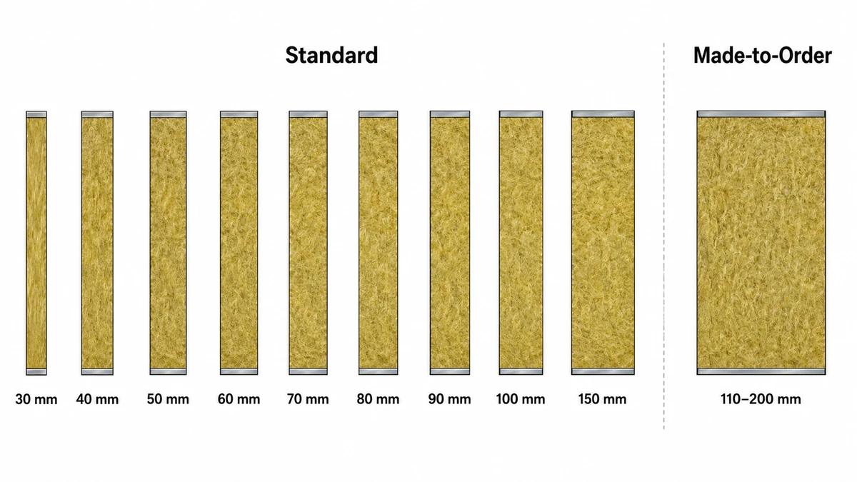 Rockwool panel thickness range diagram Rockwool panel thickness range diagram 30mm to 150mm standard and made-to-order sizes