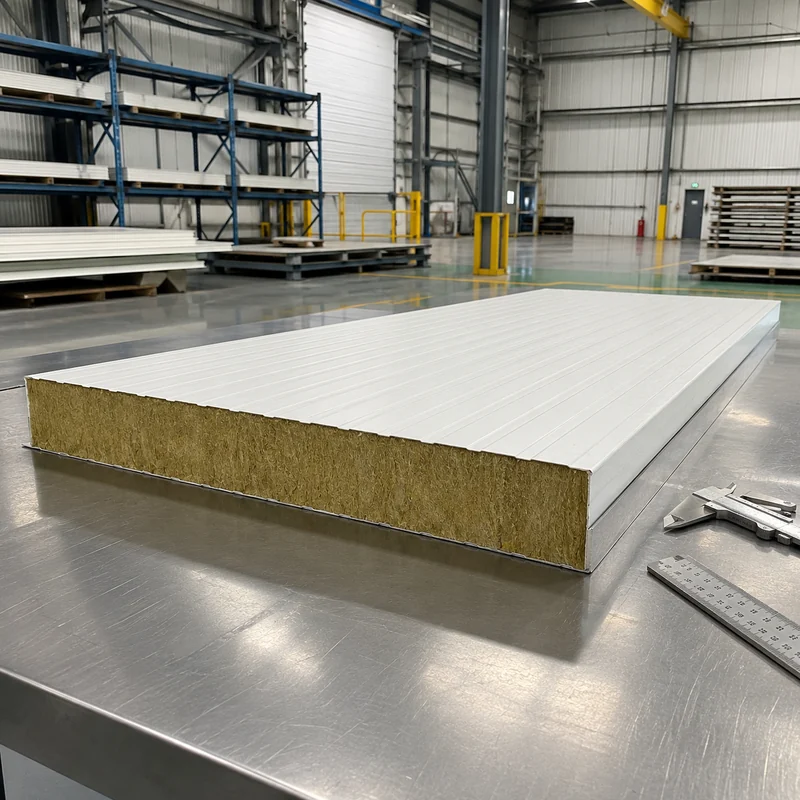 Cut section of a SAMAN rockwool panel showing the stone wool core on the QC table
