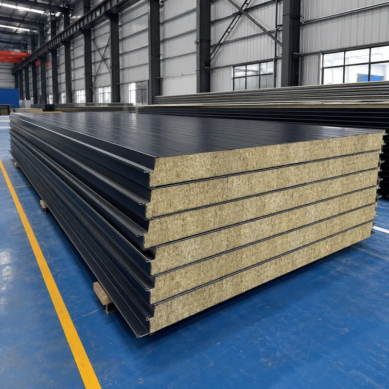 Stack of black-faced SAMAN rockwool sandwich panels in the factory