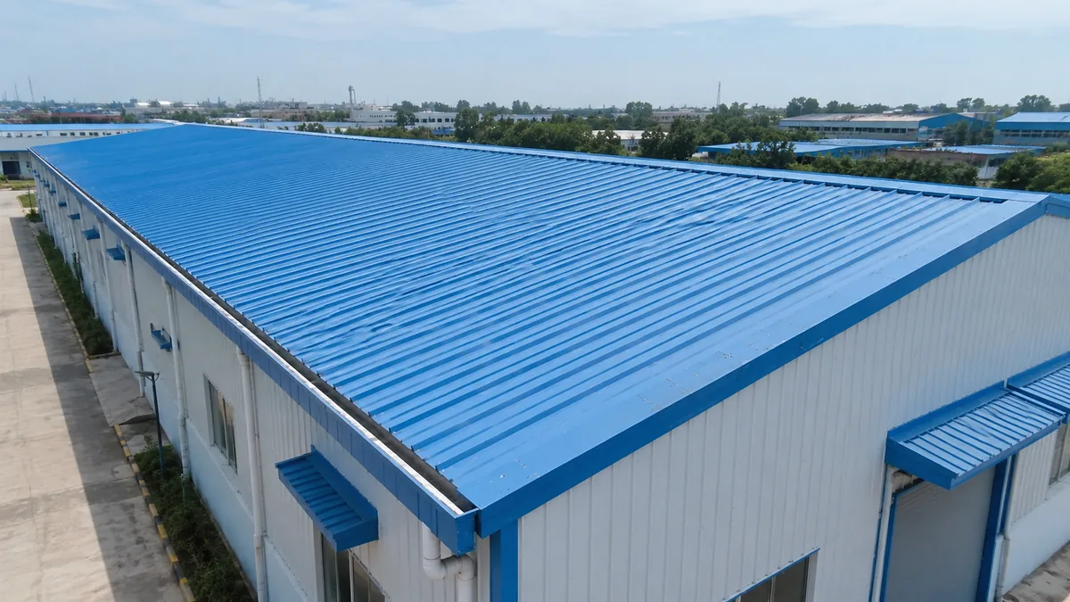Colour-coated PPGL metal roofing sheets on a factory roof Colour-coated PPGL metal roofing sheets on a factory roof