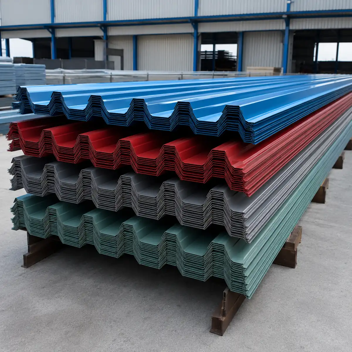 Stack of colour-coated metal roofing sheets in multiple colours Stack of colour-coated metal roofing sheets in multiple colours