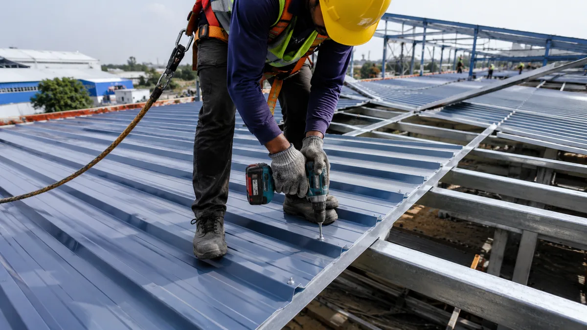 Installing metal roofing sheets with self-drilling screws Installing metal roofing sheets with self-drilling screws