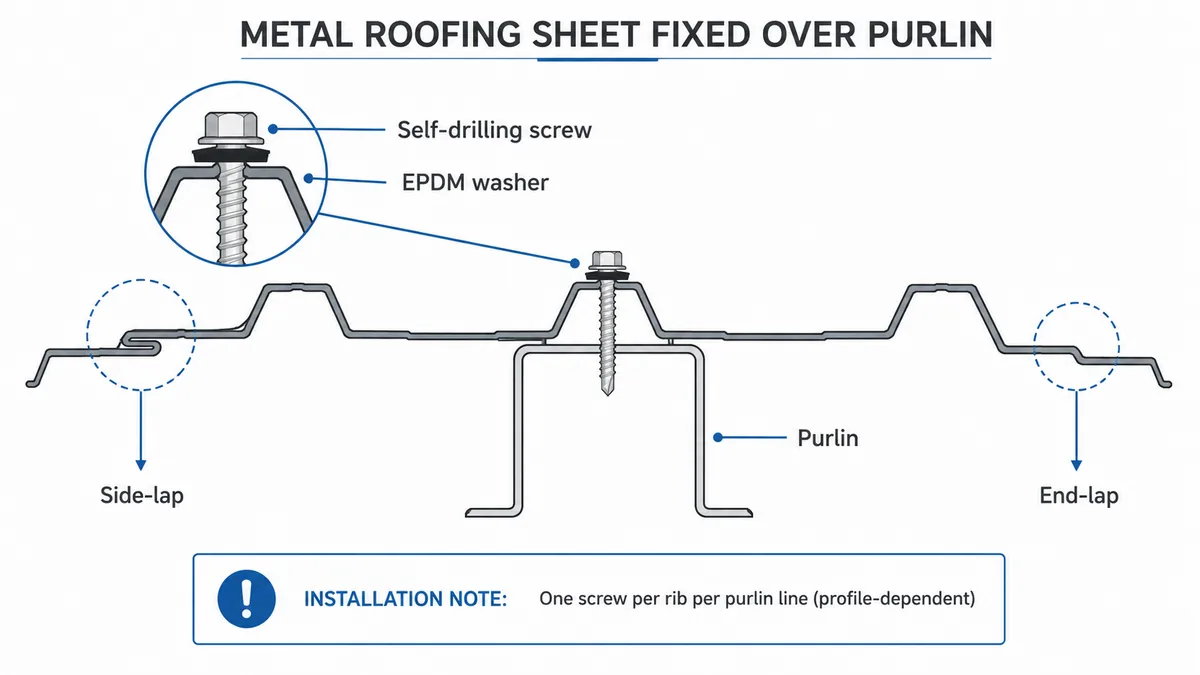 Metal roofing sheet fastener and overlap detail Metal roofing sheet fastener and overlap detail