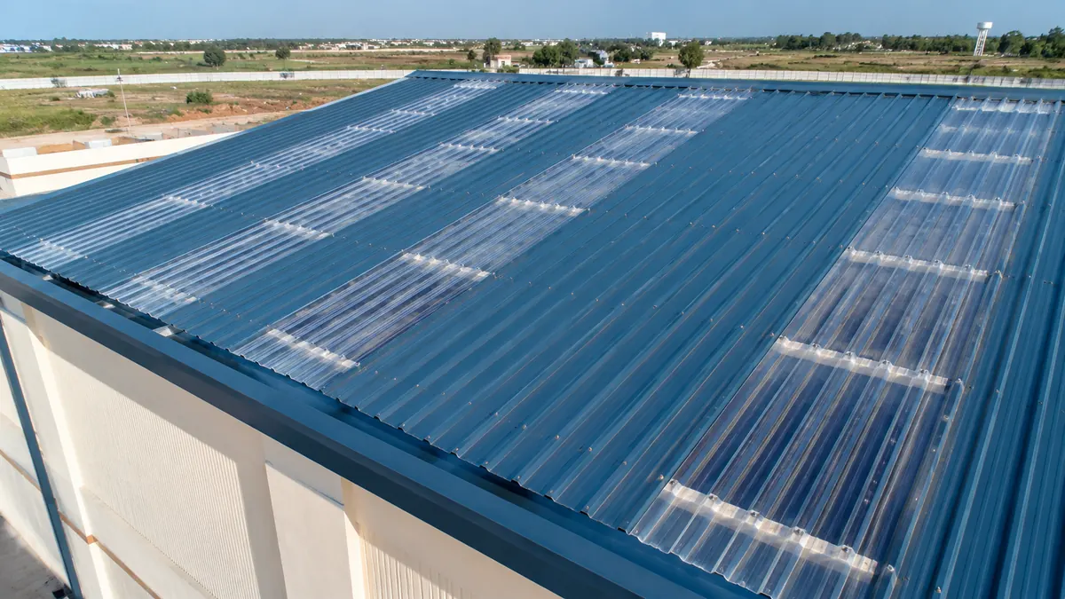 Corrugated polycarbonate daylight strips in a metal roof