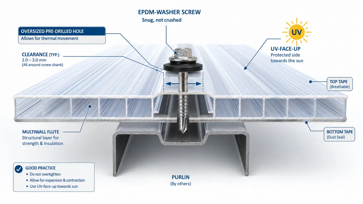 Polycarbonate roofing sheet fixing and thermal expansion detail