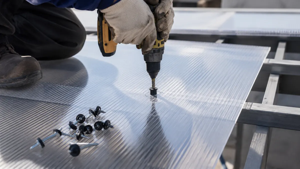 Pre-drilling a polycarbonate roofing sheet before fixing