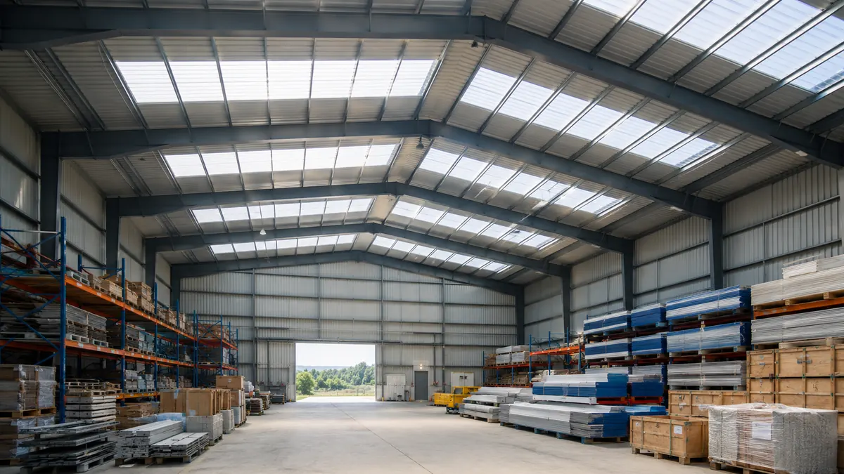 Multiwall polycarbonate skylight bands lighting a warehouse
