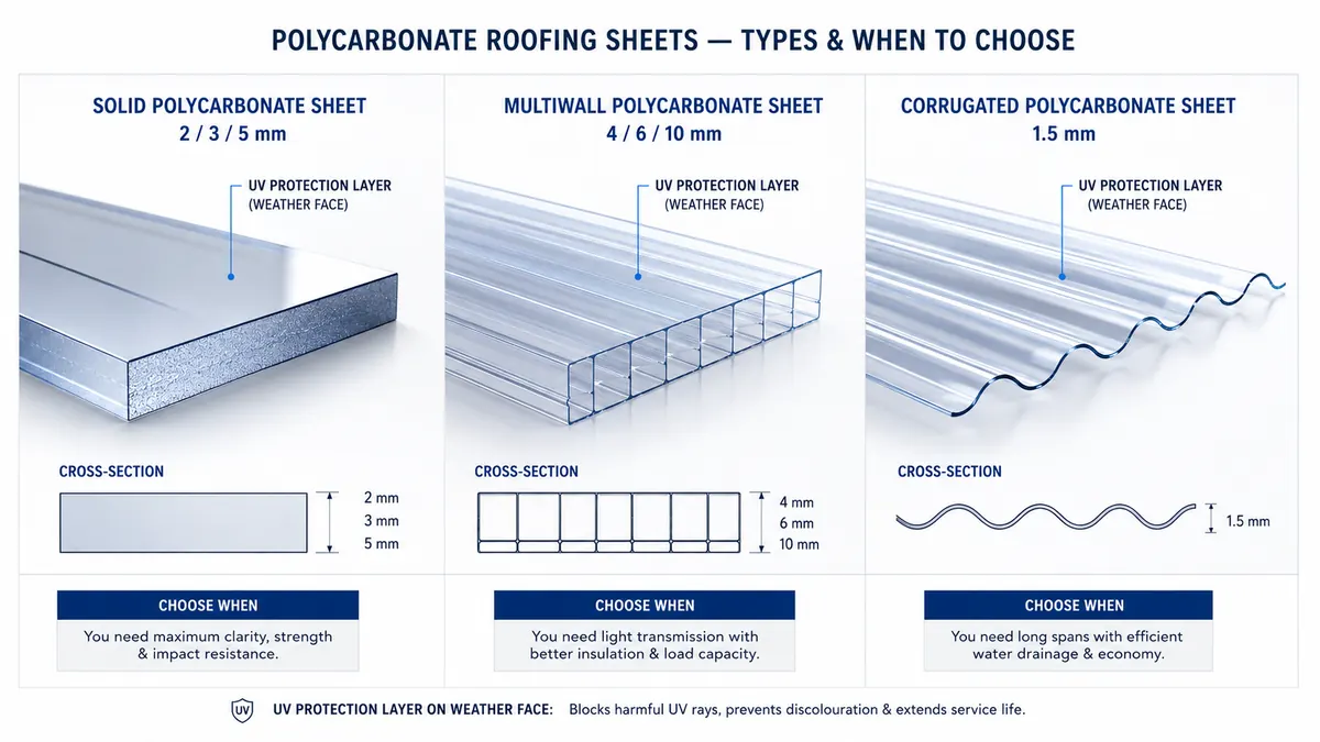 Solid vs multiwall vs corrugated polycarbonate cross-section diagram