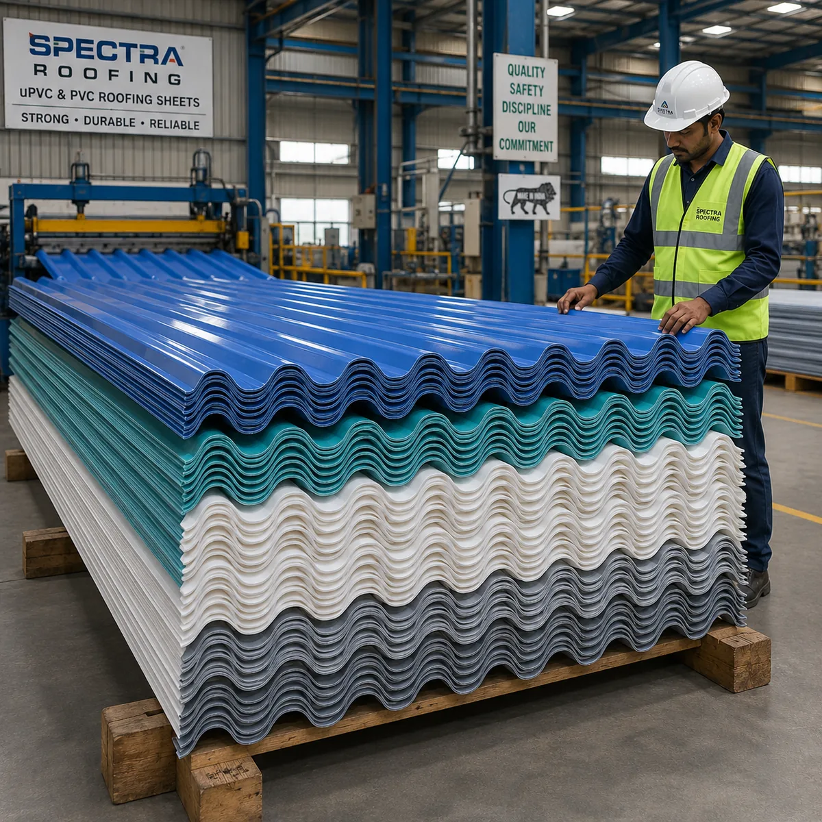 Stack of new PVC and uPVC roofing sheets at the SAMAN factory Stack of new PVC and uPVC roofing sheets at the SAMAN factory