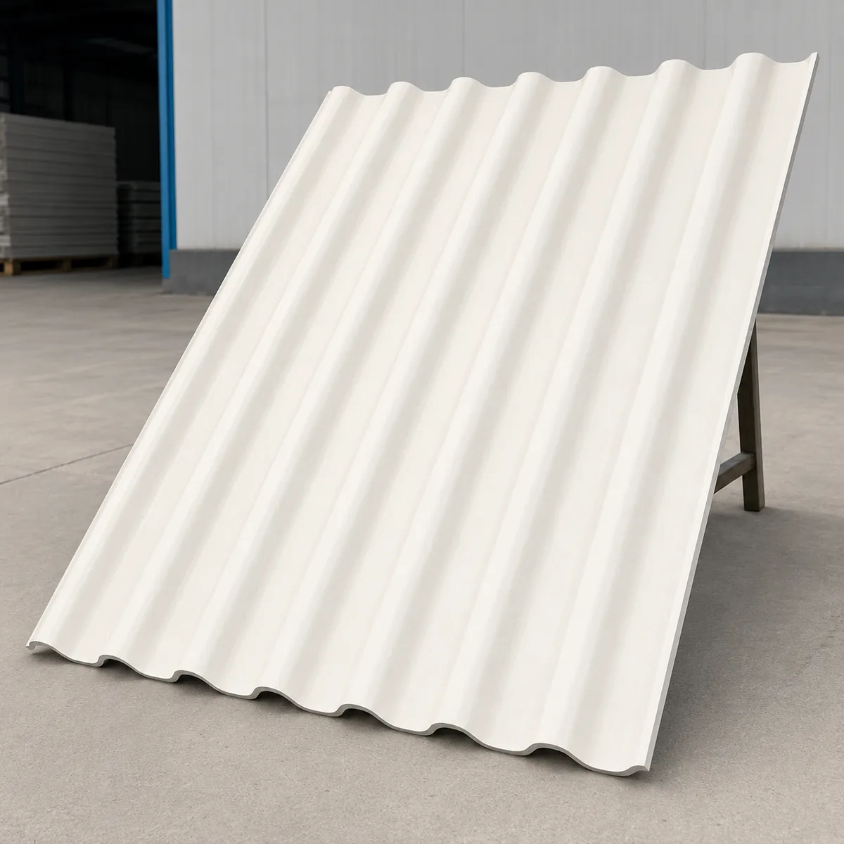 Corrugated uPVC roofing sheet displayed in a factory yard Corrugated uPVC roofing sheet displayed in a factory yard