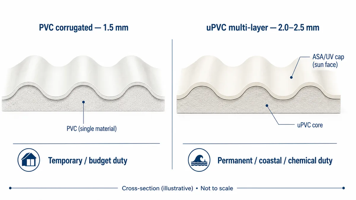 Cross-section diagram comparing PVC and multi-layer uPVC roofing sheets Cross-section diagram comparing PVC and multi-layer uPVC roofing sheets