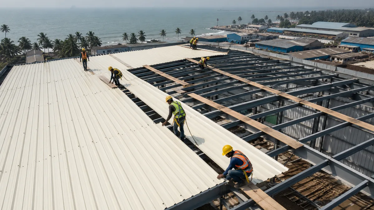 Installers laying uPVC roofing sheets on a coastal warehouse roof Installers laying uPVC roofing sheets on a coastal warehouse roof