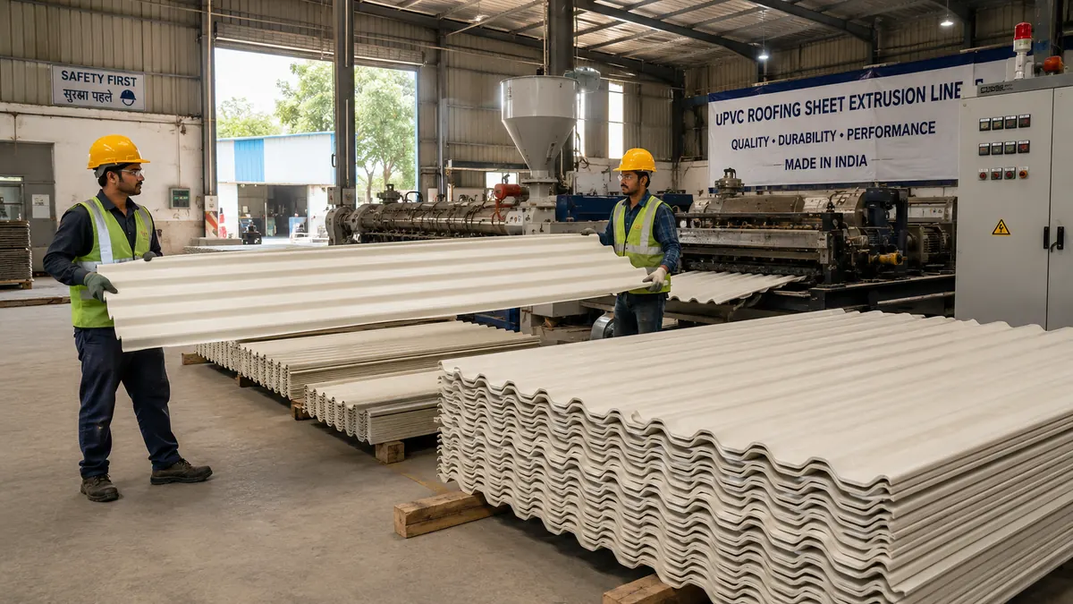uPVC roofing sheets stacked beside the extrusion line at an Indian factory uPVC roofing sheets stacked beside the extrusion line at an Indian factory