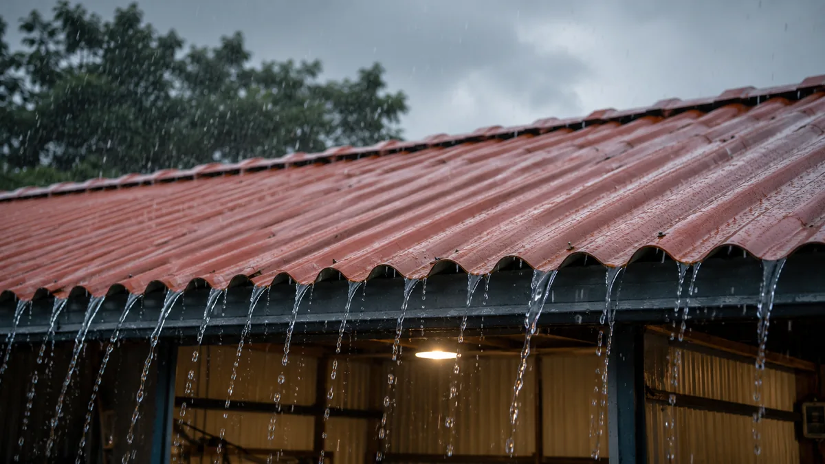 Monsoon rain running off a corrugated uPVC roofing sheet roof Monsoon rain running off a corrugated uPVC roofing sheet roof