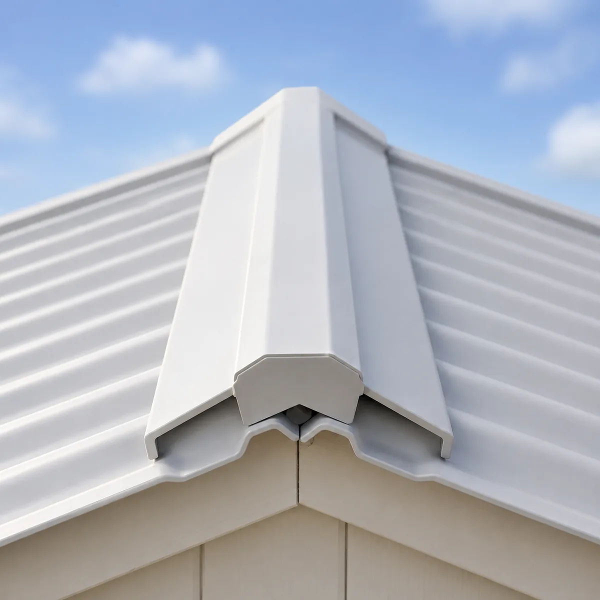 Profile-matched uPVC ridge cap on a corrugated roofing sheet roof Profile-matched uPVC ridge cap on a corrugated roofing sheet roof