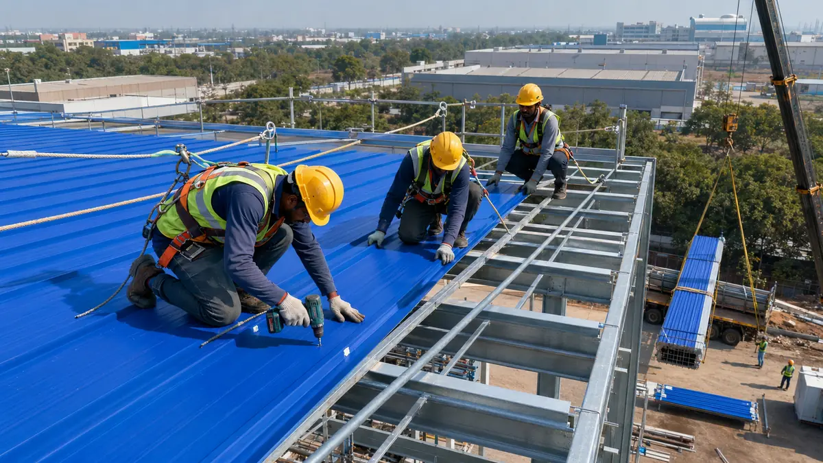 Colour-coated roofing sheet installation on steel purlins Colour-coated roofing sheet installation on steel purlins