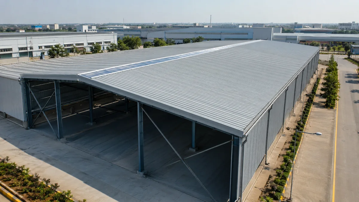 Industrial shed roof with trapezoidal roofing sheets and polycarbonate skylight strip Industrial shed roof with trapezoidal roofing sheets and polycarbonate skylight strip