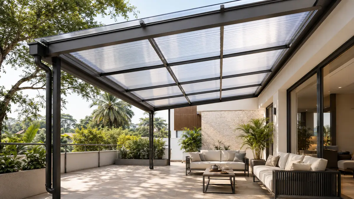 Polycarbonate roofing sheet canopy letting daylight through Polycarbonate roofing sheet canopy letting daylight through