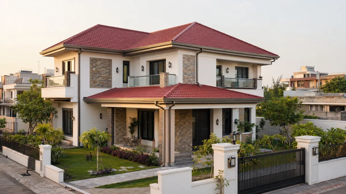 Tile profile roofing sheet on a residential home elevation Tile profile roofing sheet on a residential home elevation