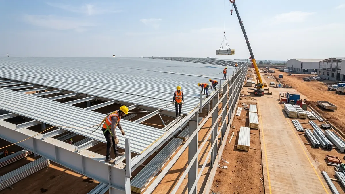 Insulated sandwich roof panels being installed on an Indian warehouse Insulated sandwich roof panels being installed on an Indian warehouse