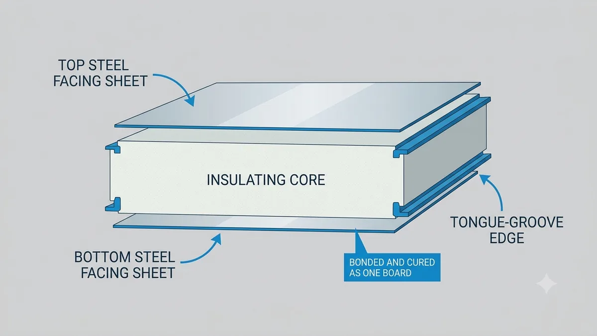 Sandwich panel anatomy — facing, core, facing Labelled diagram of a sandwich panel showing the two steel facing sheets and the insulating core