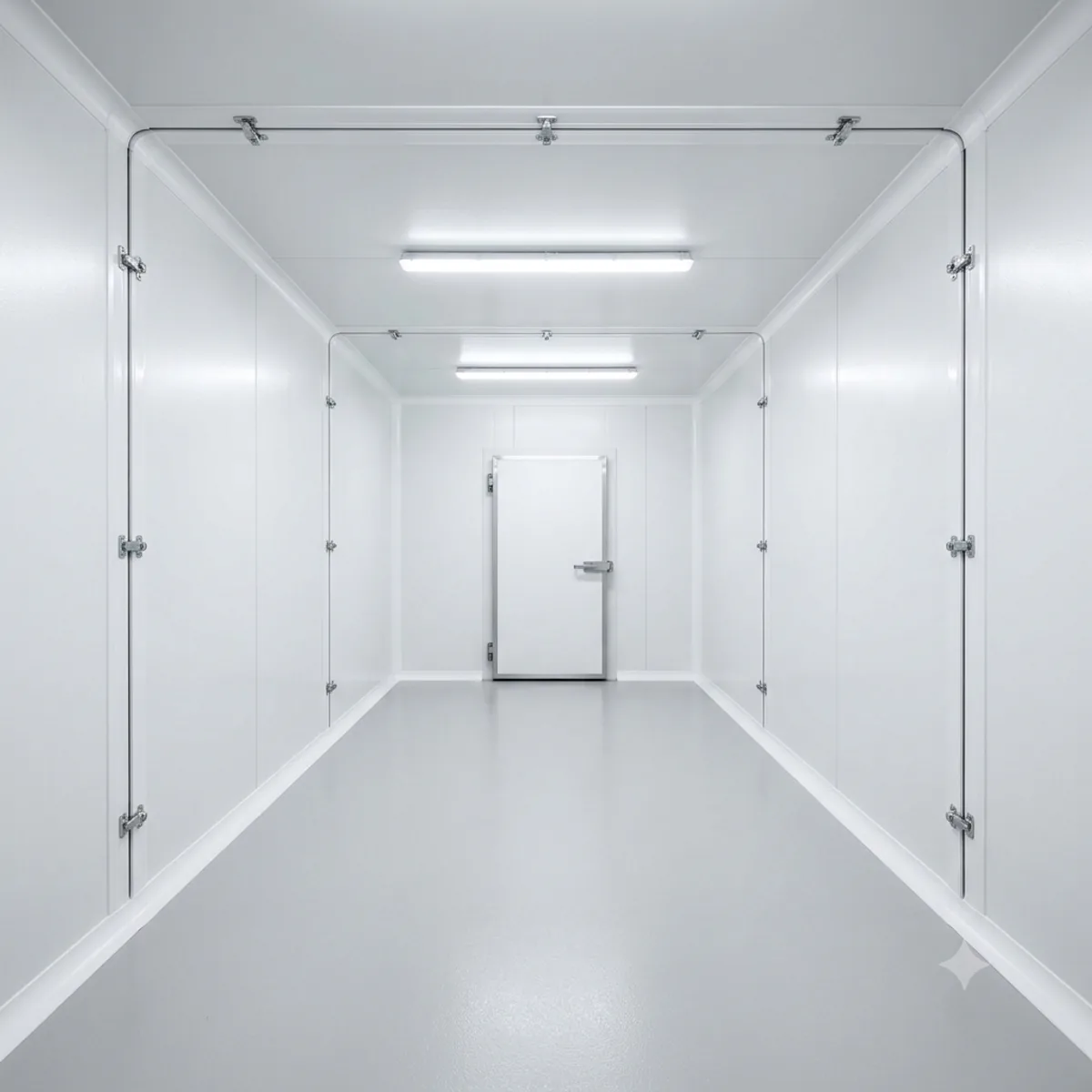 Cold room interior built from insulated sandwich panels with cam-lock joints Cold room interior built from insulated sandwich panels with cam-lock joints