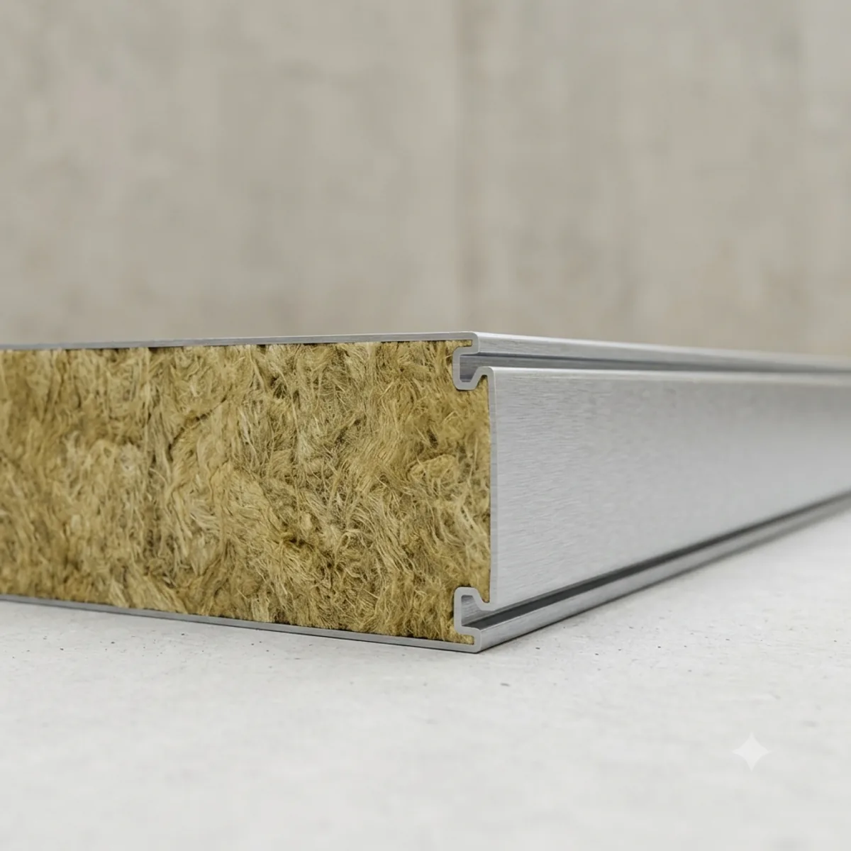 Close-up of a sandwich panel cut edge showing steel facings bonded to the core Close-up of a sandwich panel cut edge showing steel facings bonded to the core