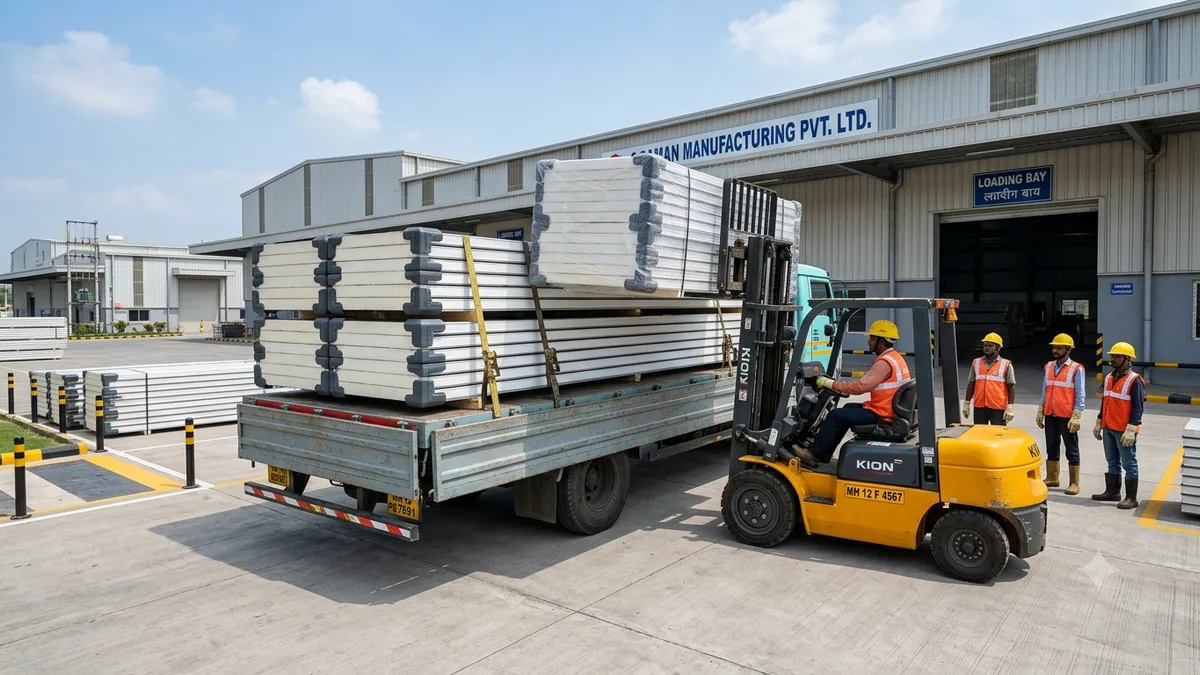 Bundled sandwich panels loaded onto a truck for pan-India dispatch Bundled sandwich panels loaded onto a truck for pan-India dispatch