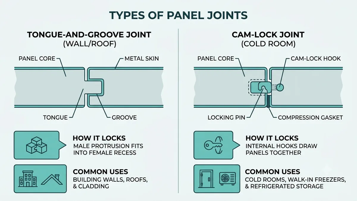 Sandwich panel joint types — tongue-and-groove and cam-lock Diagram comparing a tongue-and-groove wall joint and a cam-lock cold-room joint on sandwich panels