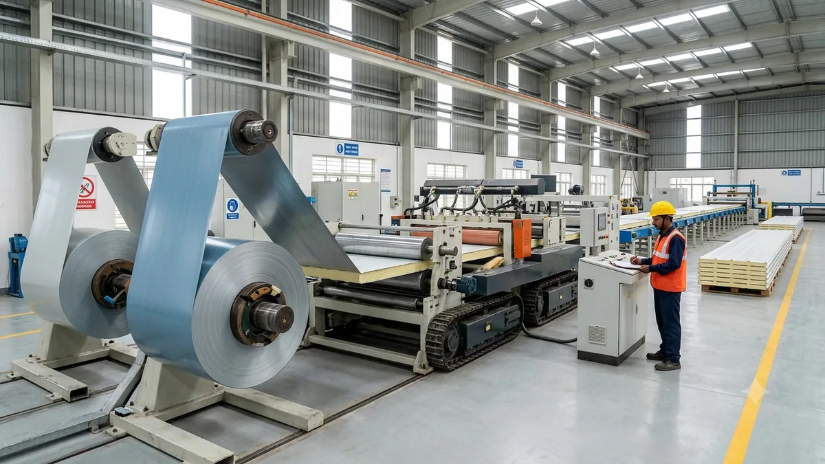 Sandwich panel production line in an Indian factory bonding facings to the core Sandwich panel production line in an Indian factory bonding facings to the core