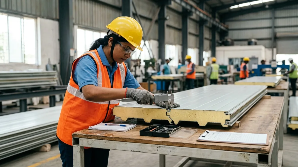 Quality inspector measuring sandwich panel thickness and edge profile at the factory Quality inspector measuring sandwich panel thickness and edge profile at the factory