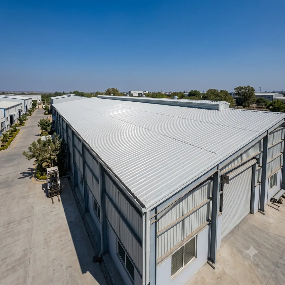 Insulated sandwich panel roof on an industrial shed with profiled facing Insulated sandwich panel roof on an industrial shed with profiled facing