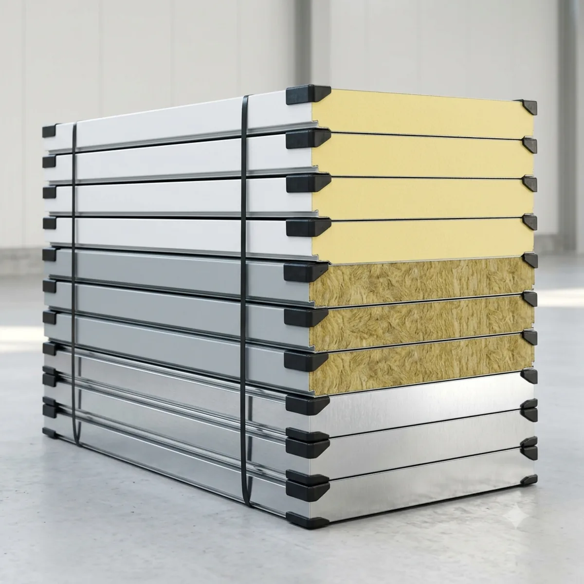 Stack of new SAMAN sandwich panels showing steel facings and insulated core edges Stack of new SAMAN sandwich panels showing steel facings and insulated core edges