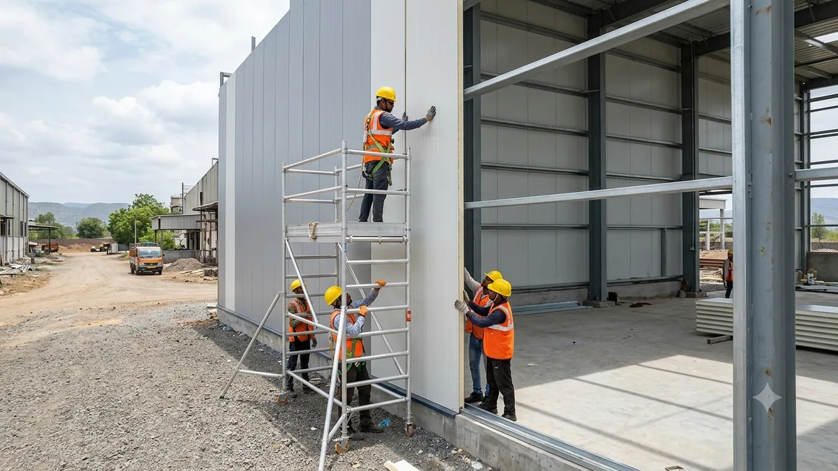 Workers installing insulated sandwich wall panels on a light industrial building Workers installing insulated sandwich wall panels on a light industrial building