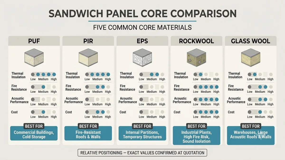 Five sandwich panel cores compared Comparison chart of five sandwich panel cores — PUF, PIR, EPS, Rockwool, Glass Wool — by thermal, fire, acoustic and cost positioning