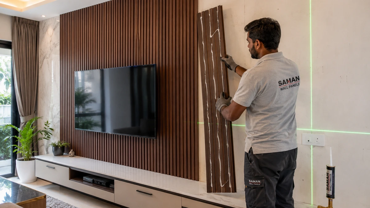 Installer fixing fluted louver wall panels on a TV wall Installer fixing fluted louver wall panels on a TV wall