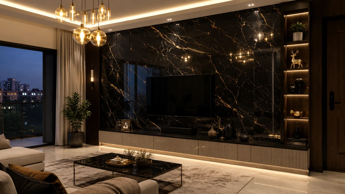 Black and gold UV marble sheet feature wall in a living room Black and gold UV marble sheet feature wall in a living room