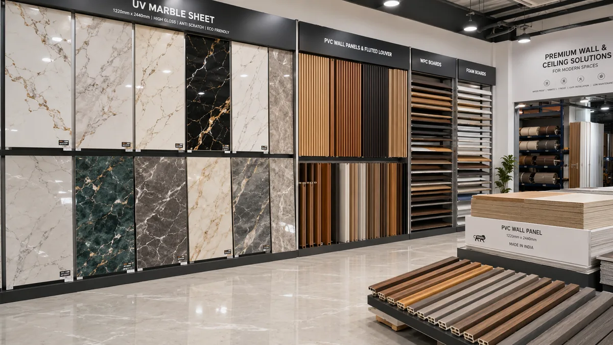 Wall sheet families stocked in racks at the SAMAN showroom Wall sheet families stocked in racks at the SAMAN showroom