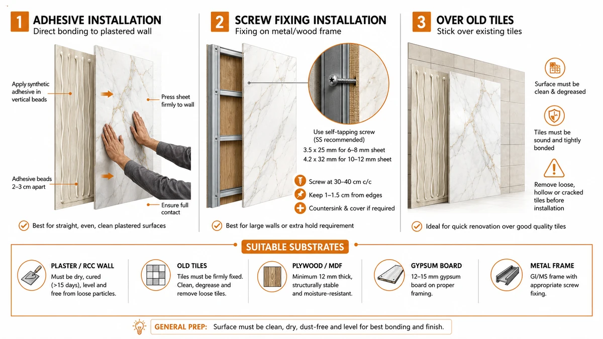 Wall sheet fixing methods and substrate preparation diagram Wall sheet fixing methods and substrate preparation diagram