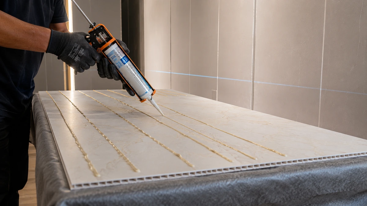 Applying adhesive to the back of a UV marble wall sheet before fixing Applying adhesive to the back of a UV marble wall sheet before fixing