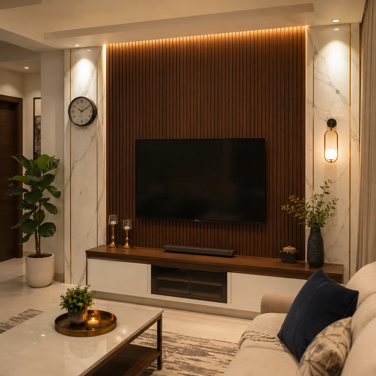 Living room TV wall finished with fluted louver panels and UV marble sheets Living room TV wall finished with fluted louver panels and UV marble sheets