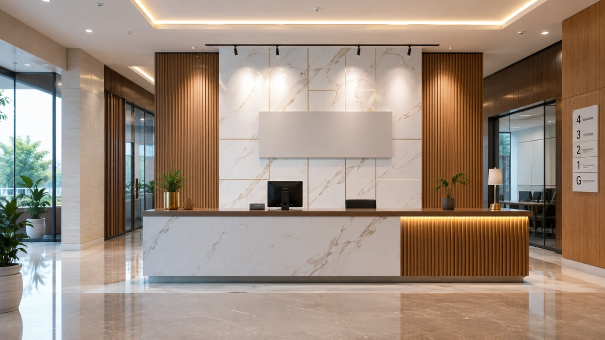 Office reception finished with UV marble sheet and PVC wall panels Office reception finished with UV marble sheet and PVC wall panels